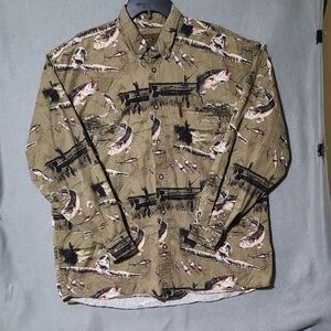 MAGELLAN SPORTSWEAR Men's Olive Green Long Sleeve Fish Print Shirt - Size XL